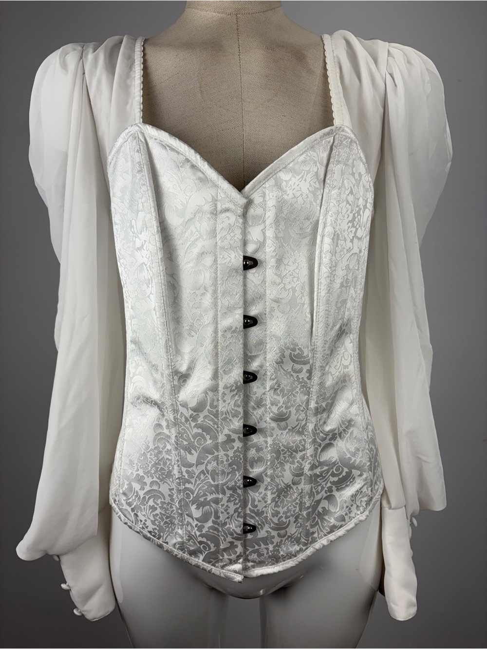 White Floral Brocade Overbust Corset Puff Long Sleeve Renaissance Bustier S